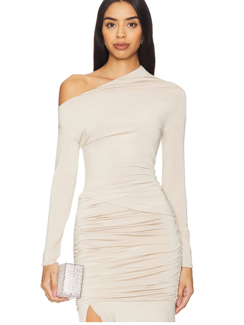 LBLC One-Shoulder Ruched Cream Bodycon Dress